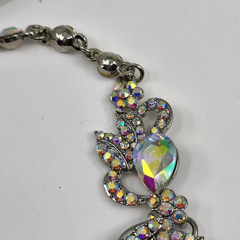 Disney AB Rhinestone Floral Bib Statement Necklace Silver Tone Iridescent Glam